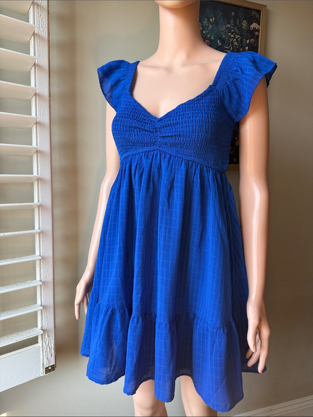 Smocked V-Neck Mini Dress in Cobalt Blue
